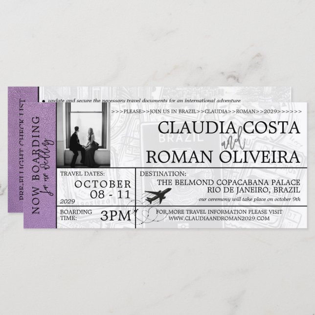 Lavender Brazil Wedding Boarding Pass Invitation (Front/Back)