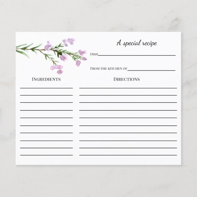 Lavender Bridal Shower Recipe card (Front)