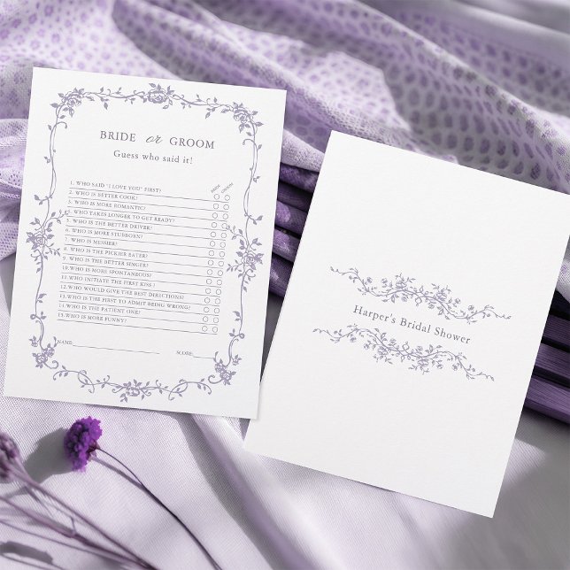 Lavender 'Bride or Groom' Bridal Shower Game  (Front & Back)