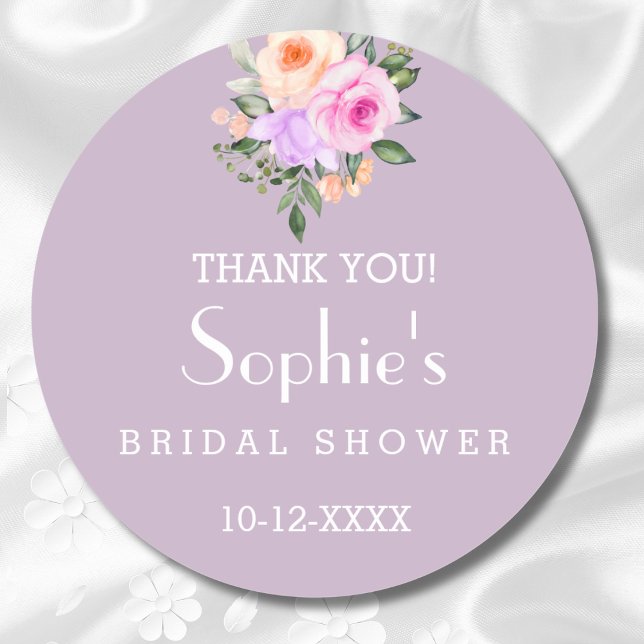 Lavender Bright Roses Bridal Shower Thank You Classic Round Sticker (Creator Uploaded)