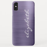 Lavender Brushed Metal Personalised Script Case-Mate iPhone Case<br><div class="desc">This trendy phone case features a modern background design of lavender purple faux brushed metal foil. Personalise it with your name running vertically up the right side in white handwriting script.</div>