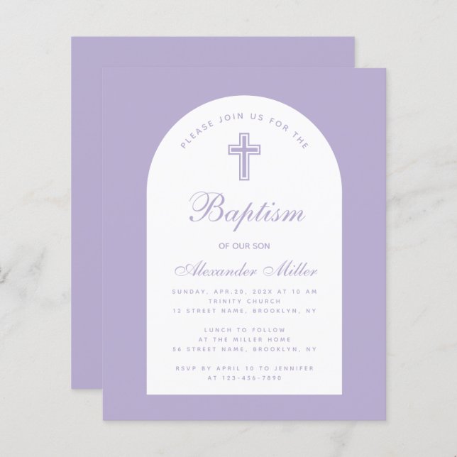 Lavender Budget Arch Purple Boy Baptism Invitation (Front/Back)