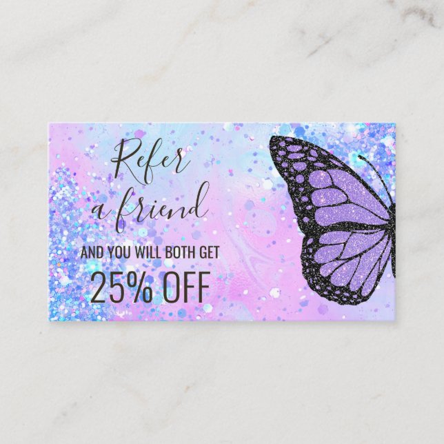 lavender butterfly refer a friend business card (Front)