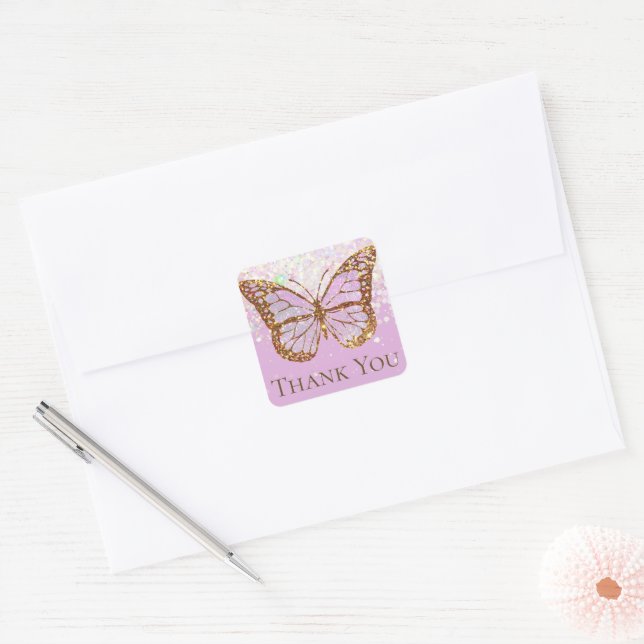 lavender butterfly thank you classic round sticker (Envelope)