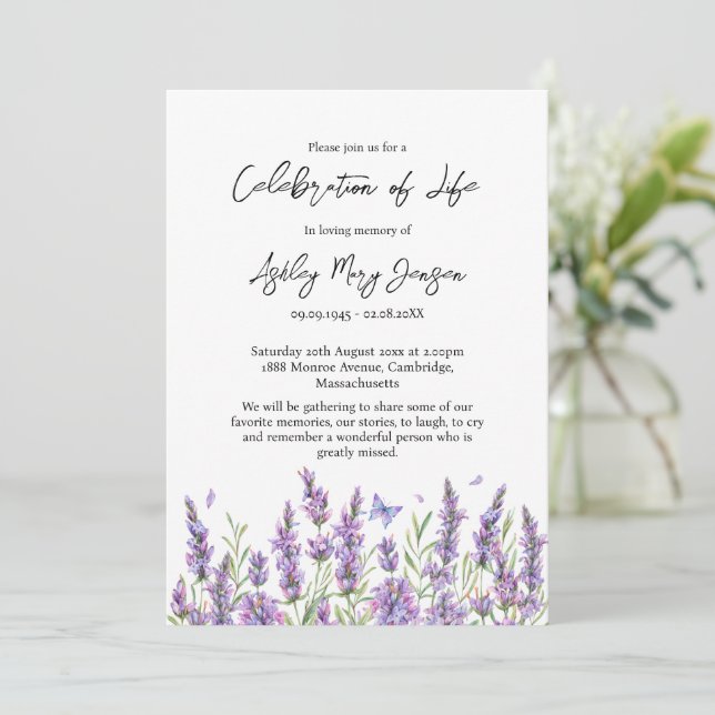 Lavender Celebration of Life Funeral Invitation (Standing Front)