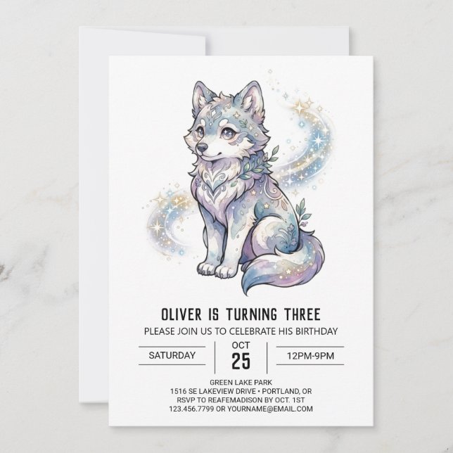 Lavender Celestial Wolf Birthday Invitation (Front)