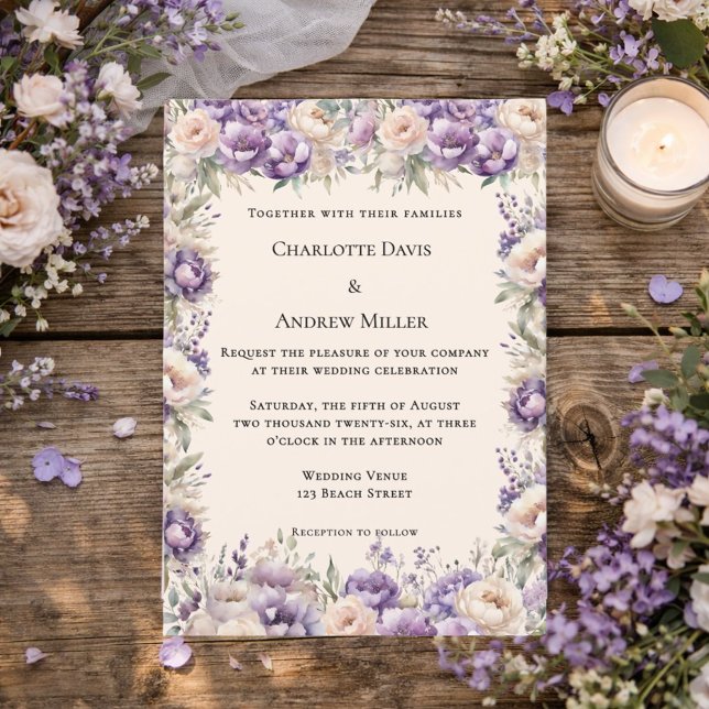 Lavender champagne cream floral wedding invitation (Creator Uploaded)
