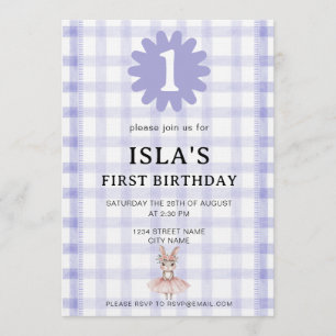 Lavender Check Bunny Ballerina Birthday Invitation