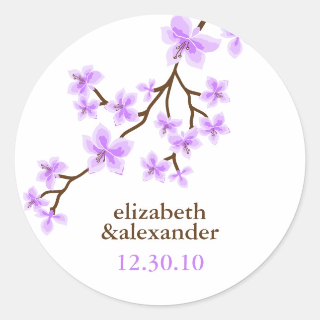 Lavender Cherry Blossoms Wedding Classic Round Sticker (Front)