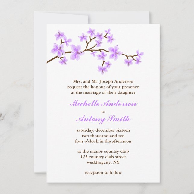 Lavender Cherry Blossoms Wedding Invitation (Front)