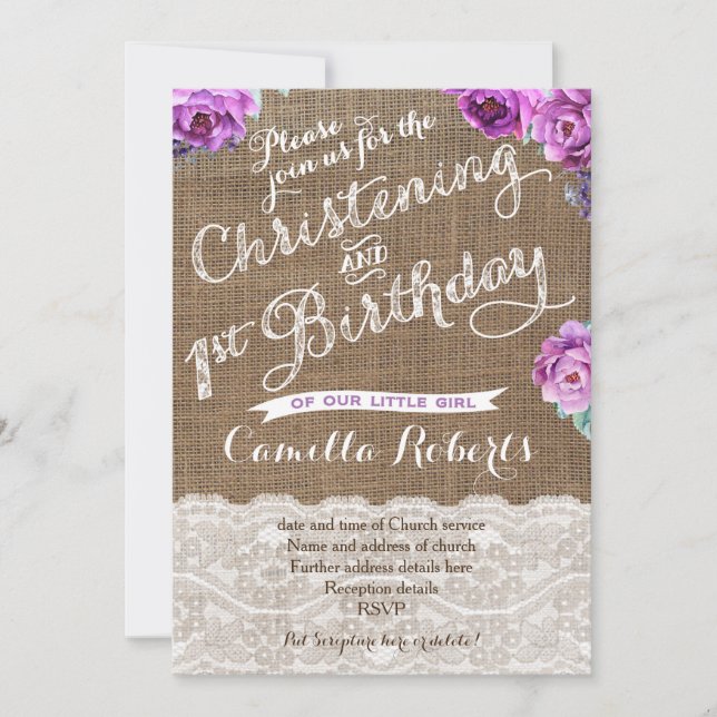 Lavender Christening and 1st Birthday invite cards (Front)