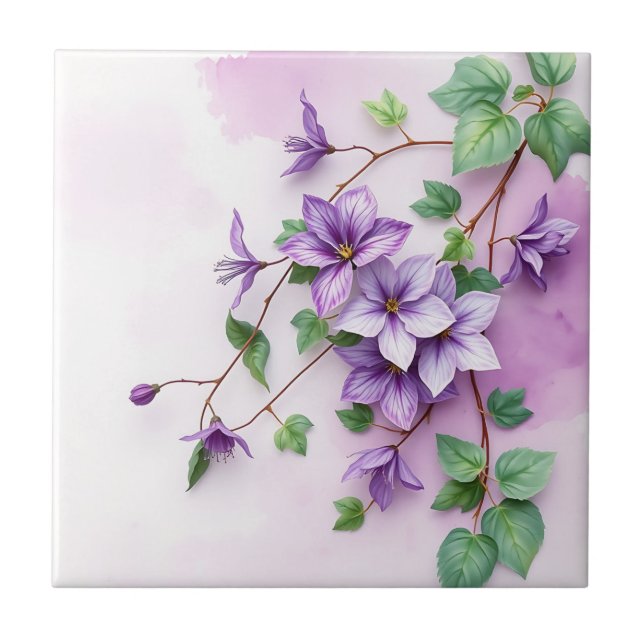 Lavender Clematis Vine Watercolor  Tile (Front)