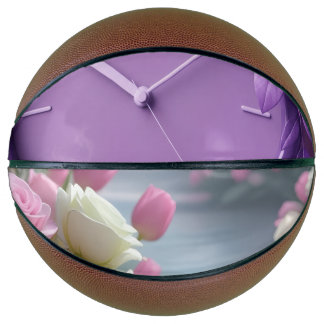 Lavender Clock & Soft Tulips Art Basketball