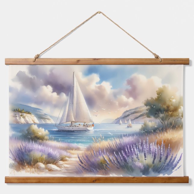 Lavender Coast Sailboat Watercolor Scene Hanging Tapestry (Front)