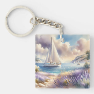 Lavender Coast Sailboat Watercolor Scene Key Ring