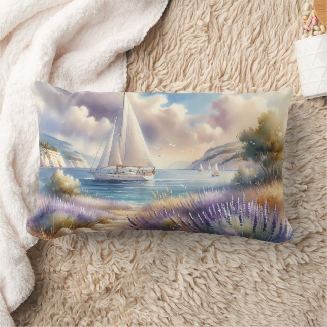 Lavender Coast Sailboat Watercolor Scene Lumbar Cushion (Blanket)