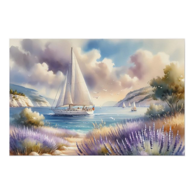 Lavender Coast Sailboat Watercolor Scene Poster (Front)
