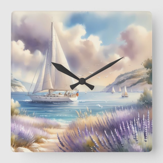 Lavender Coast Sailboat Watercolor Scene Square Wall Clock (Front)