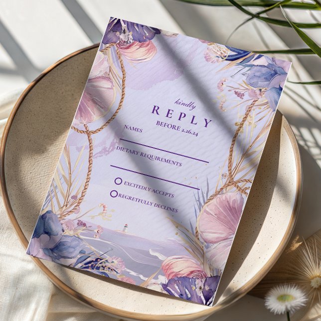Lavender Coastal Seashell Rope Wedding RSVP Card (Creator Uploaded)