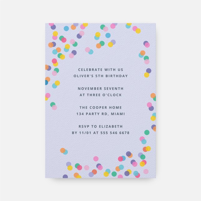 Lavender Colorful Confetti Kids Birthday Party Invitation (Creator Uploaded)