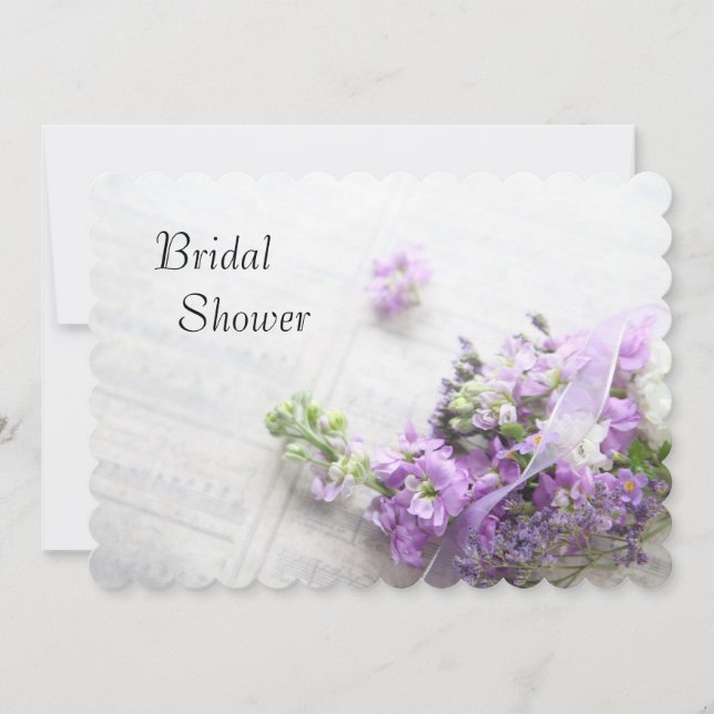Lavender-coloured flowers on music bridal shower invitation (Front)