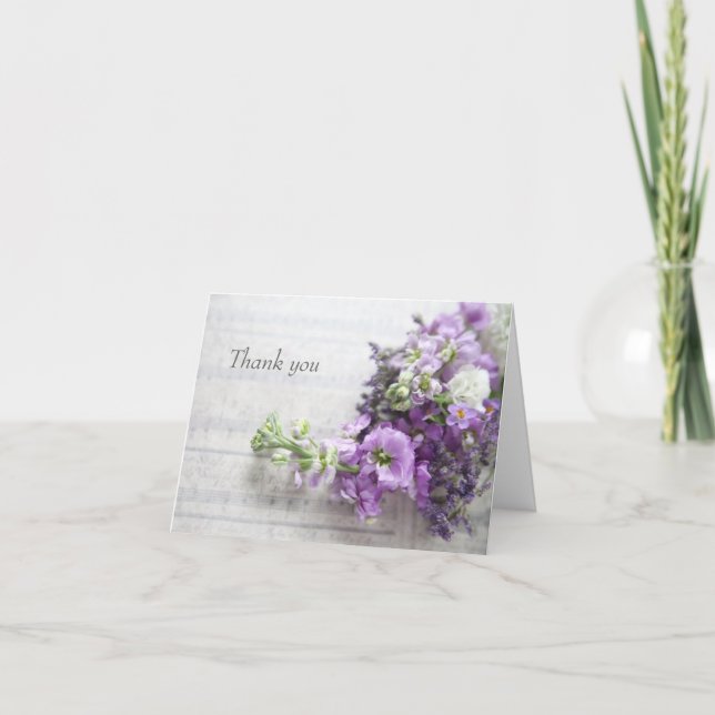 Lavender-coloured flowers on old music thank you card (Front)