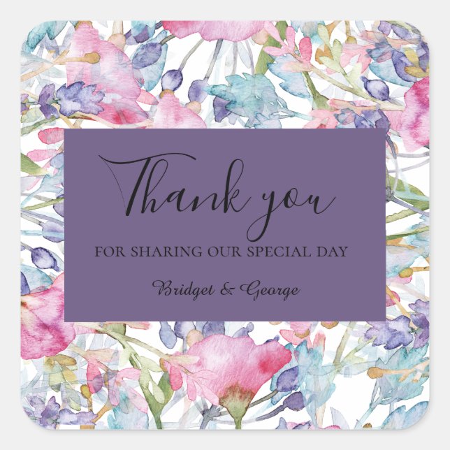 lavender colourful wildflower  greenery wedding square sticker (Front)