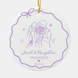 Lavender Coquette Bow Bride Groom Sketch Engaged Ceramic Tree Decoration
