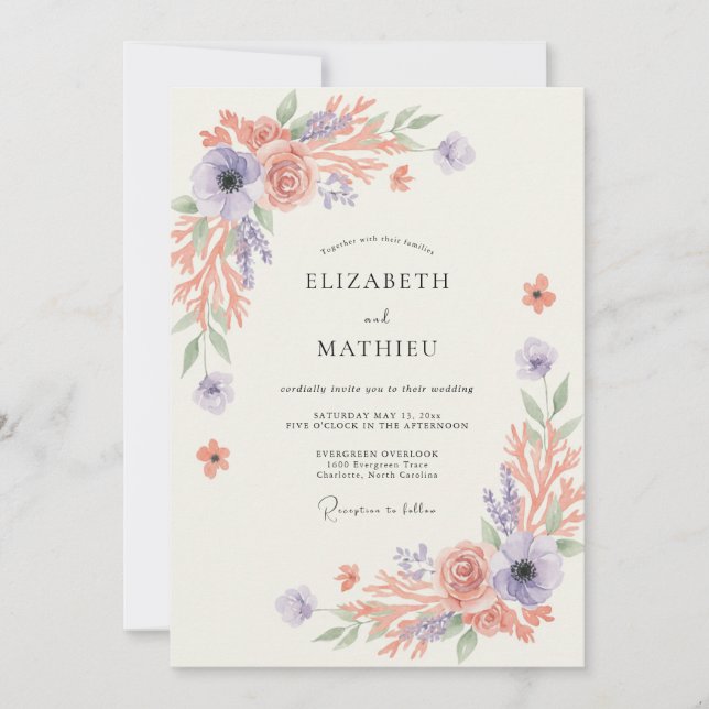 Lavender Coral Lush Spring Wedding Invitation (Front)