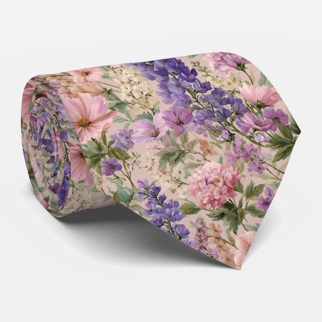 Lavender & Cosmos Pastel Floral Wedding Tie (Rolled)