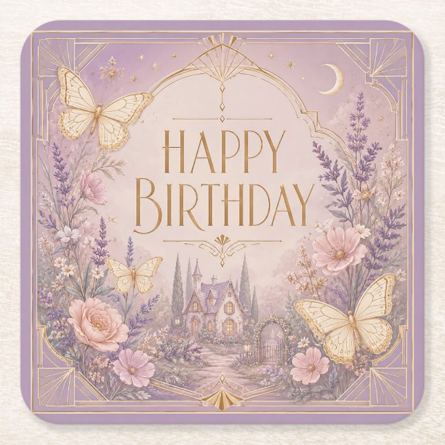 Lavender Cottage Birthday Dreamscape Square Paper Coaster (Front)