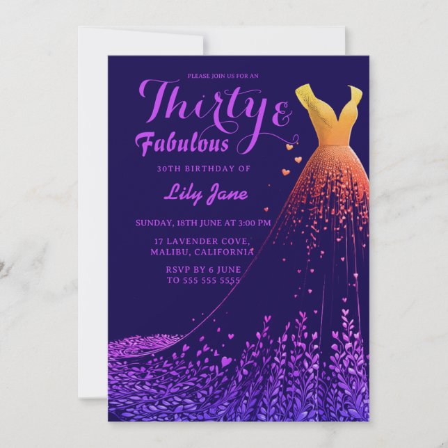 Lavender Cove Luxury Gown 30th Birthday Invitation (Front)