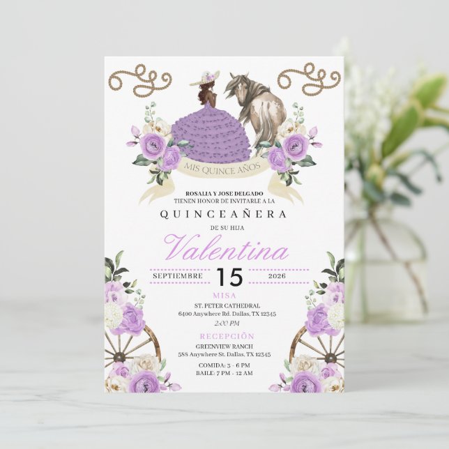 Lavender Cowgirl Western Mariachi Quinceañera Invitation (Standing Front)