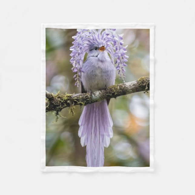 Lavender Crested Bird on Branch Fleece Blanket (Front)