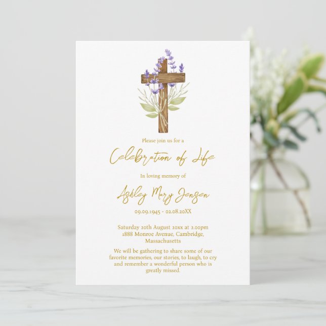 Lavender Cross Celebration of Life Funeral Invitation (Standing Front)