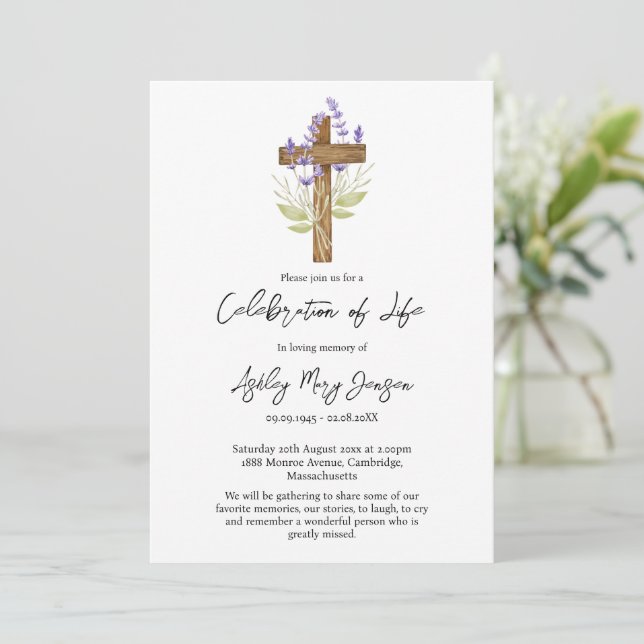 Lavender Cross Celebration of Life Funeral Invitation (Standing Front)