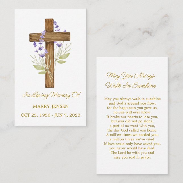 Lavender Cross Memorial Funeral Prayer Card (Front/Back)