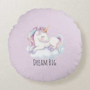 Lavender Cute Unicorn on a Cloud Dream Round Cushion