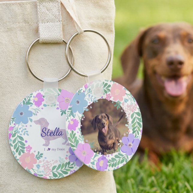 Lavender Dachshund Custom Photo & Name - Floral  Key Ring (Creator Uploaded)