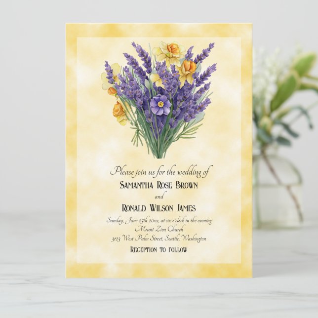 Lavender & Daffodils on Yellow Background Wedding Invitation (Standing Front)