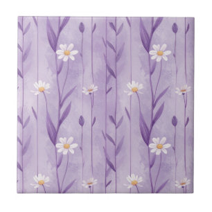 Lavender Daisy Stripes with White Wildflowers Tile