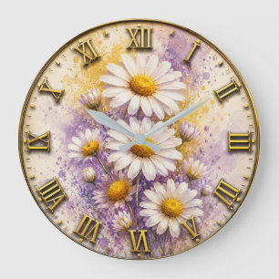 Lavender Daisy Watercolor Wildflower Floral Art Large Clock