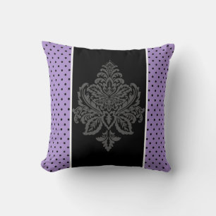 Lavender, damask & black polka dots cushion