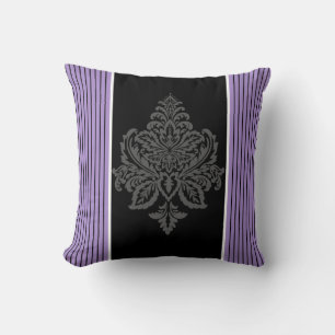 Lavender, damask & black stripes cushion