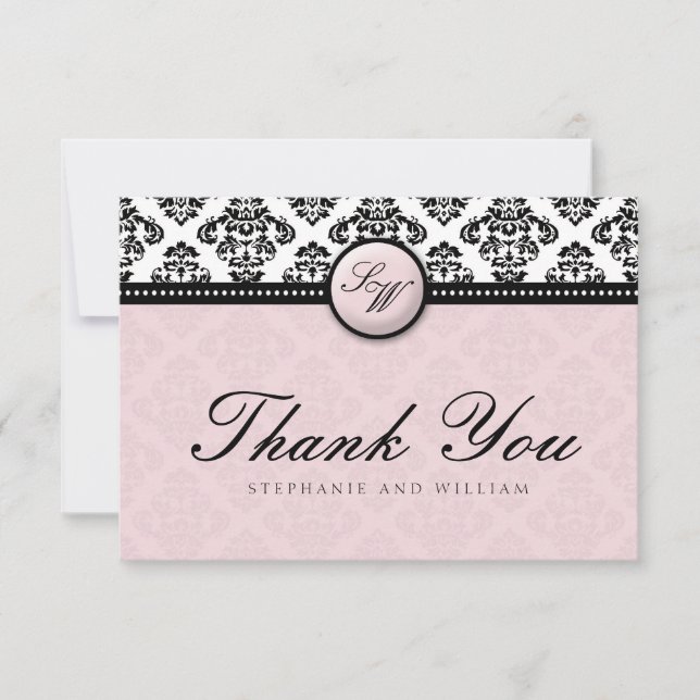Lavender Damask Monogram Wedding Thank You Card (Front)