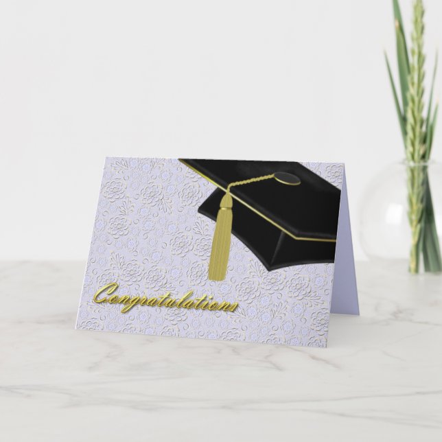 Lavender Damask & Mortarboard Graduation Card (Front)