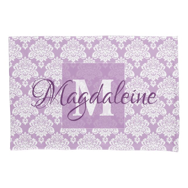 Lavender Damask Pillow Case with Monogram & Name (Front)