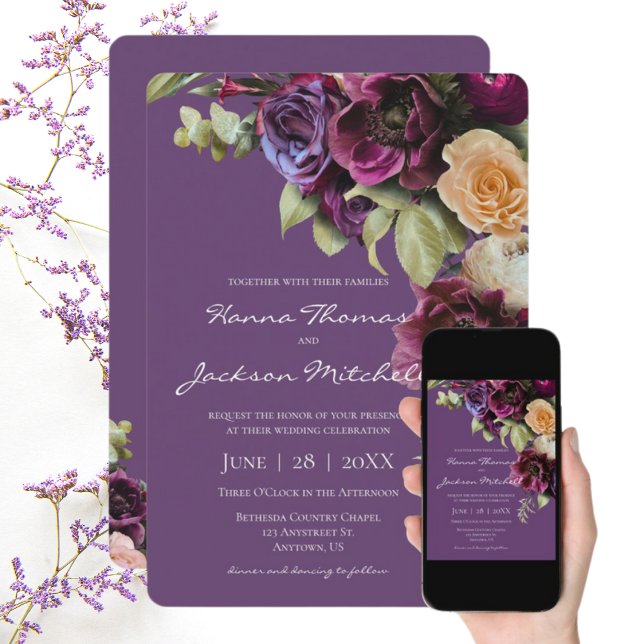 Lavender Dark Moody Elegant Floral Wedding Invitation (Creator Uploaded)