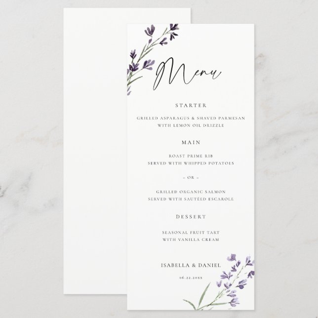Lavender Delicate Watercolor Elegant Chic Wedding Menu (Front/Back)