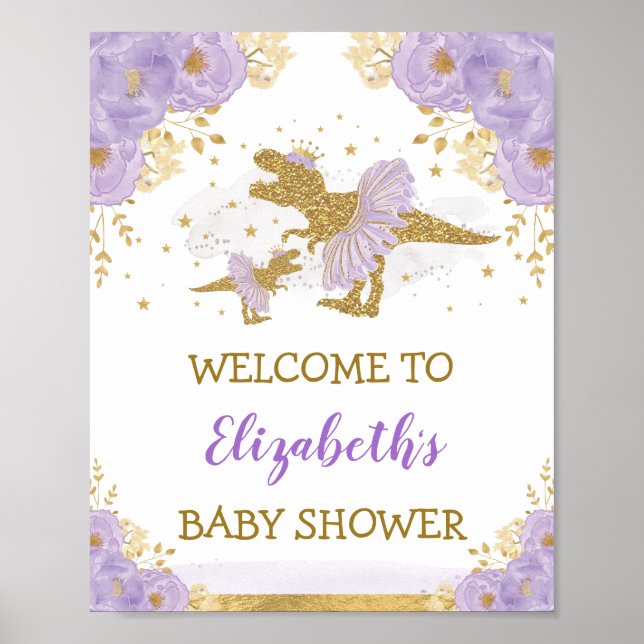 Lavender Dinosaur Ballerina Baby Shower Welcome Poster (Front)